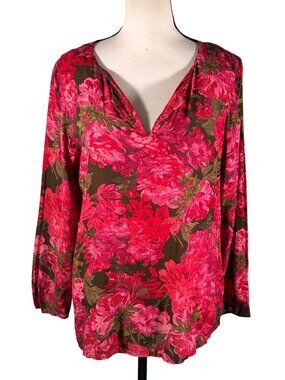 J. Jill vintage Womens rose Floral Long Sleeve V-Neck Blouse top M 100% Rayon